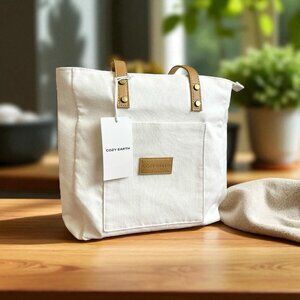 Cozy Earth Linen Canvas Tote Bag White Vegan Leather Trim NWT Zip Closure 11.5"